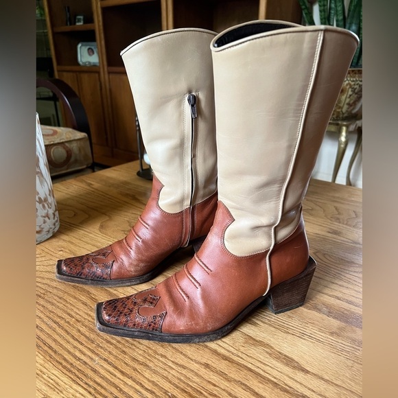 Tan and Brown Heeled Boots - Picture 1 of 9
